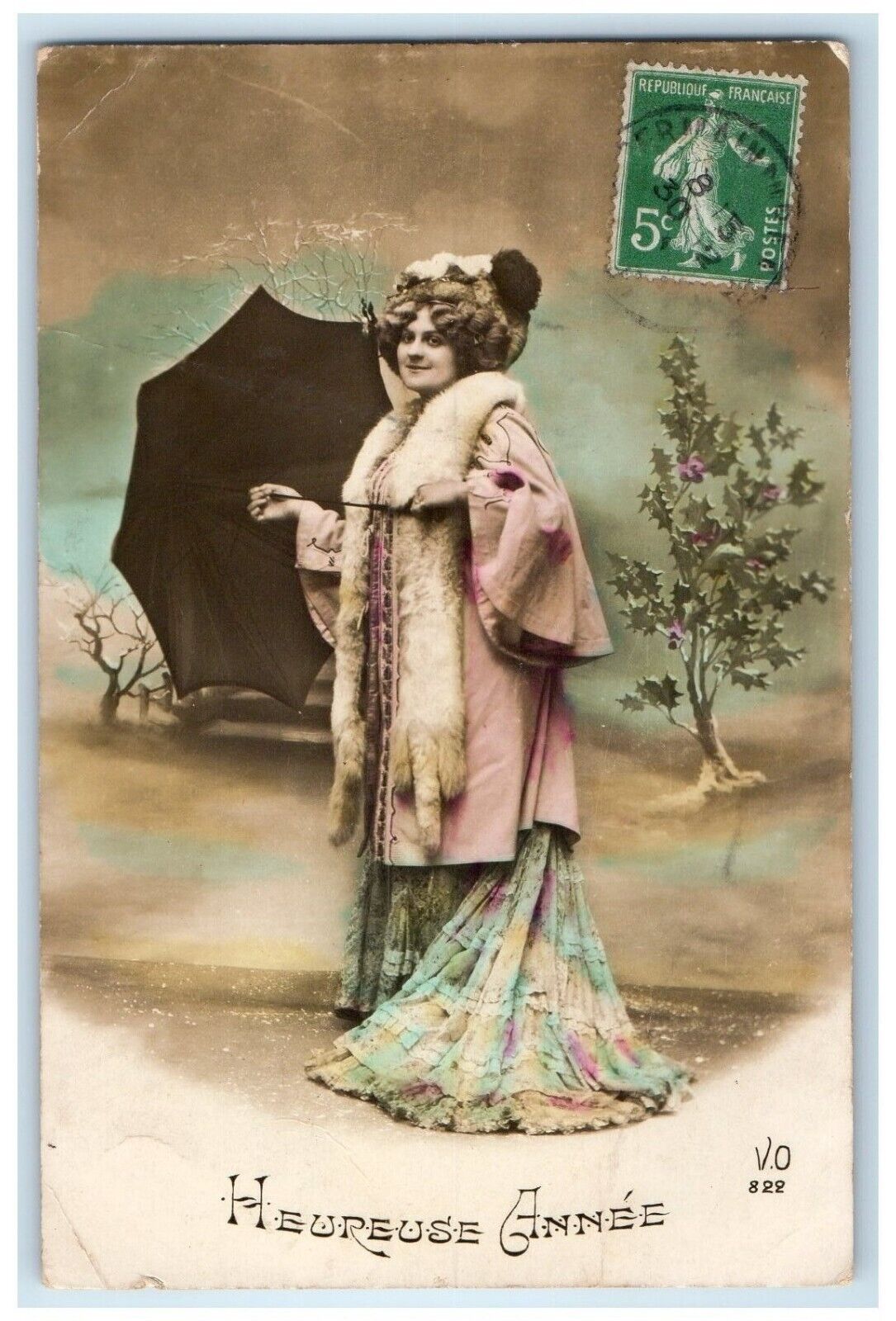 c1910's New Year Pretty Woman With Umbrella France Posted Antique Postcard