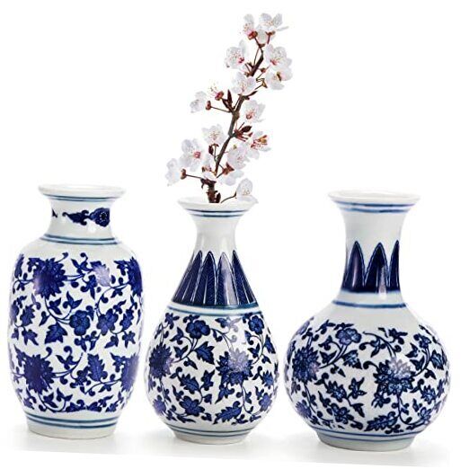  Small Blue and White Porcelain Vases Set of 3, 5 Inch Tall Mini Vintage Vase 