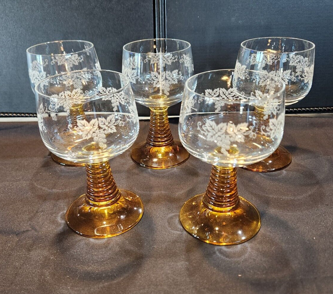 Vintage Amber Beehive Wine Goblet Roemer Germany Glassware Etched (Set of 5)