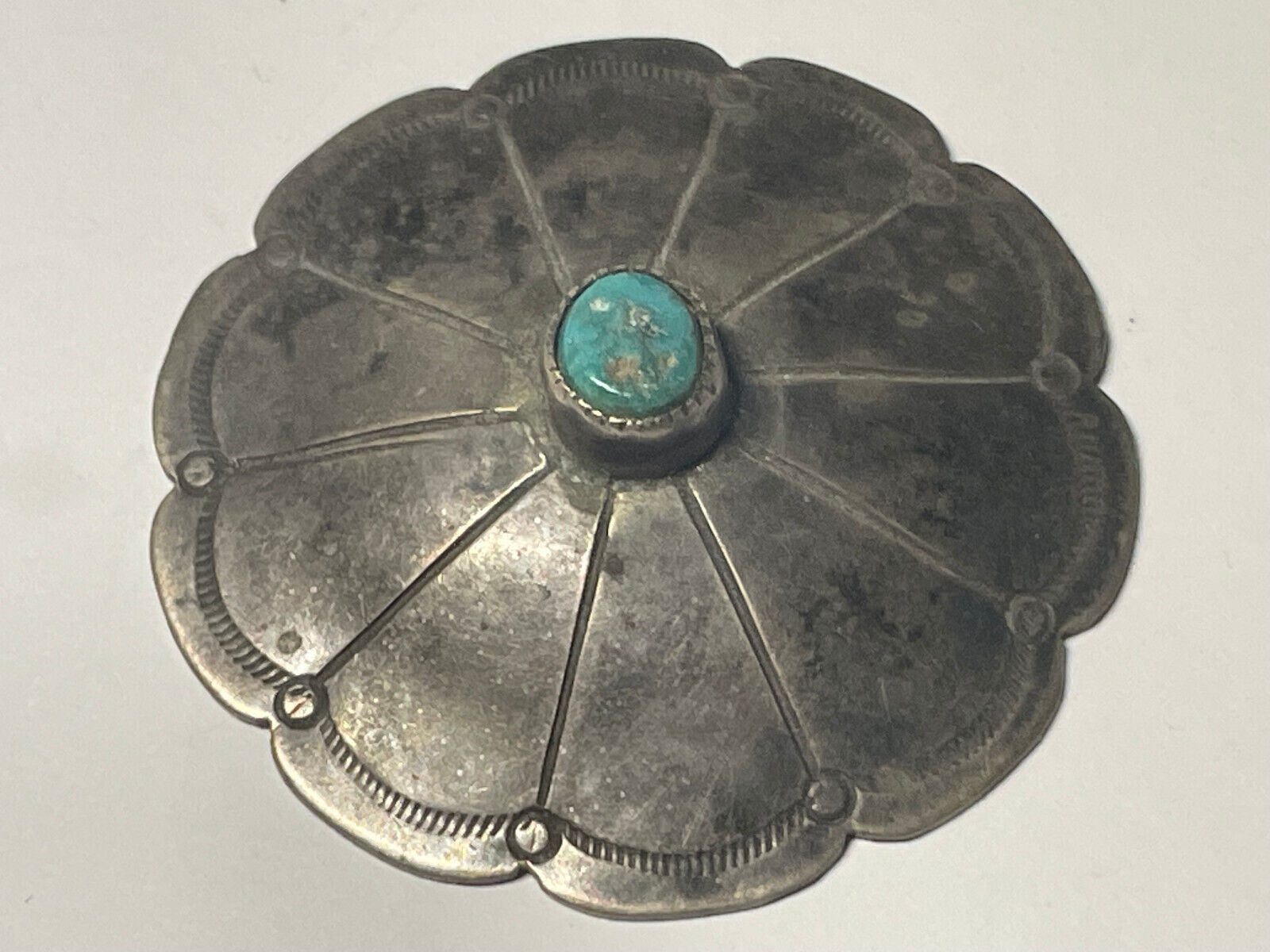 1920s-1930s Large Navajo Silver Mocassin Button with Turquoise in Sawtooth Bezel