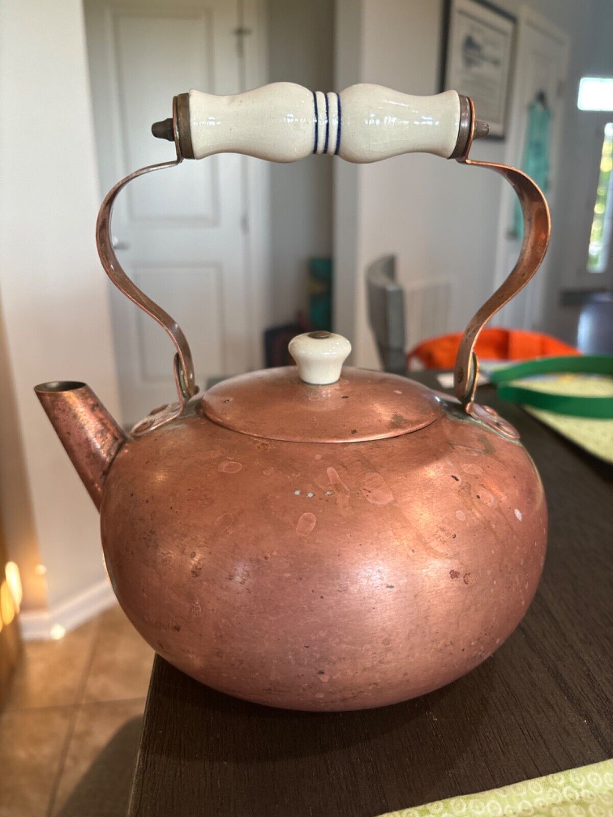Antique Copper Tea Kettle w/lid bottom says solid copper