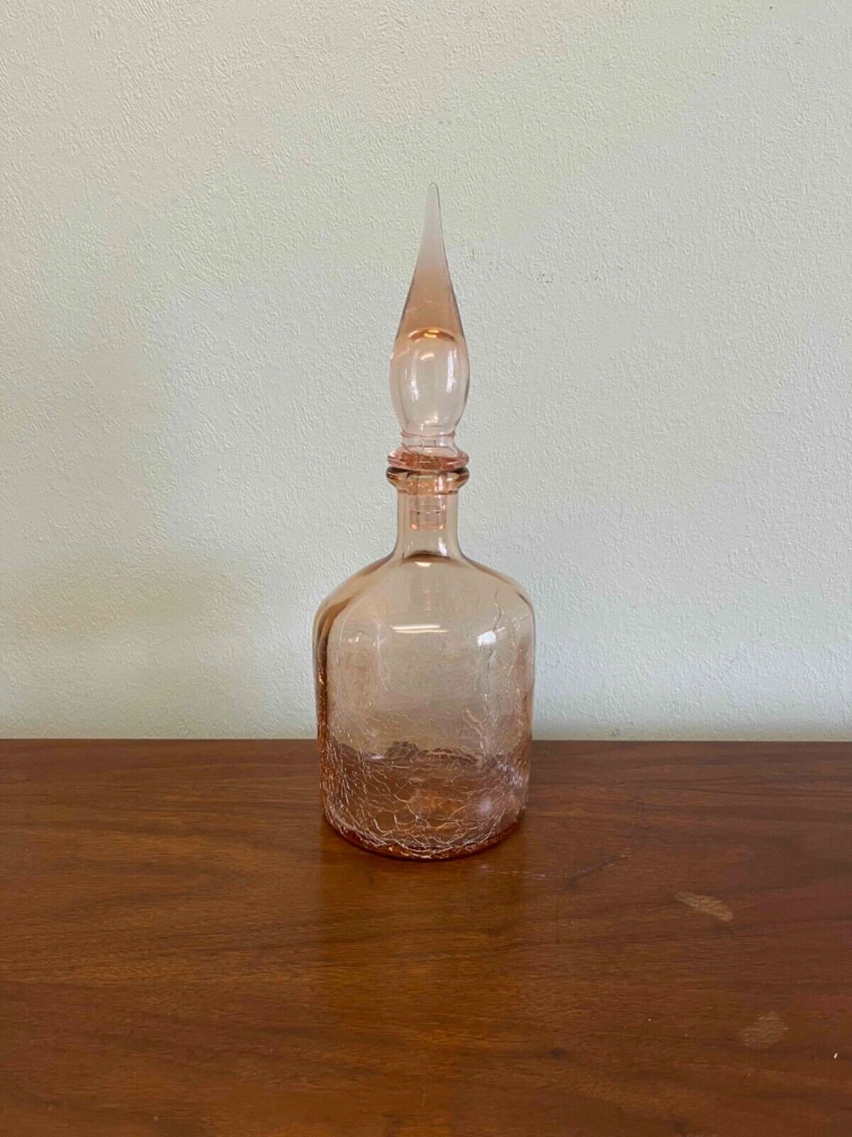 Vintage Mid Century Pink Crackle Glass Decanter Bottle With Flame Stopper