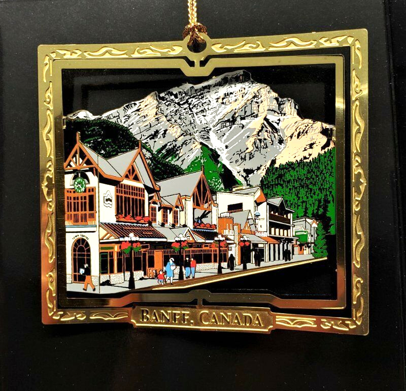 Banff Alberta Canada Ornament Color Brass Town Scene Mt Cascade Mt Rundle