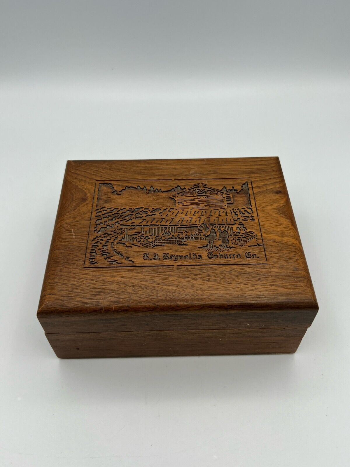 Vintage R.J. Reynolds Wood Cigarette Box w/ Laser Engraved Top Lid