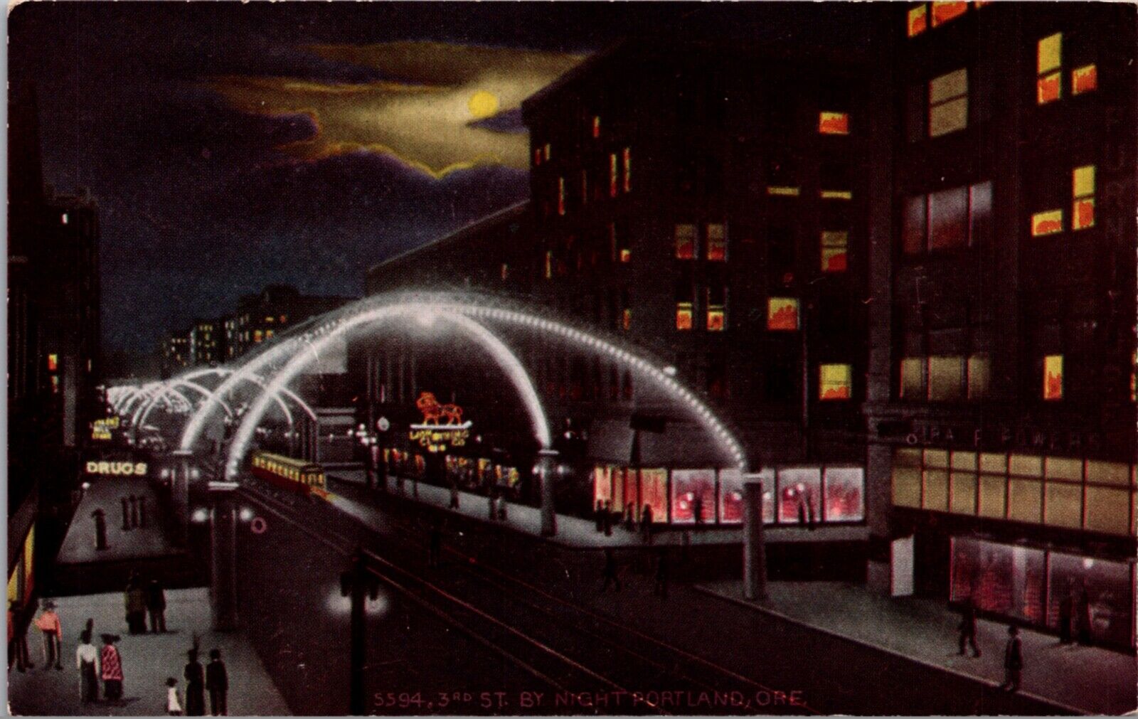 Postcard Third Street at Night Lighted Arches Trolley in Portland, Oregon