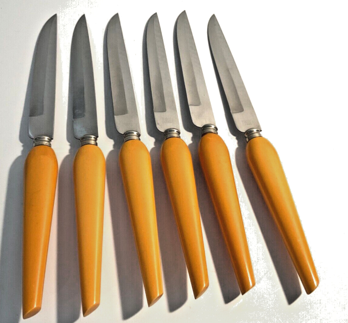 6 VTG Anton Solingen Steak Knives Butterscotch Catalin Bakelite Handle Germany