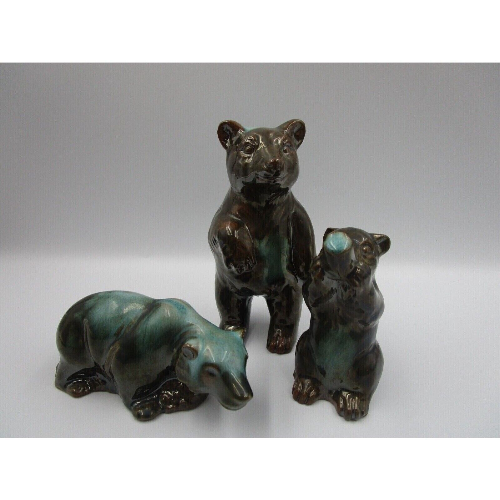 Set of 3 Ceramic Bear Figurines, Blue & Brown Glazed, Bear Creek Store Ouray Co