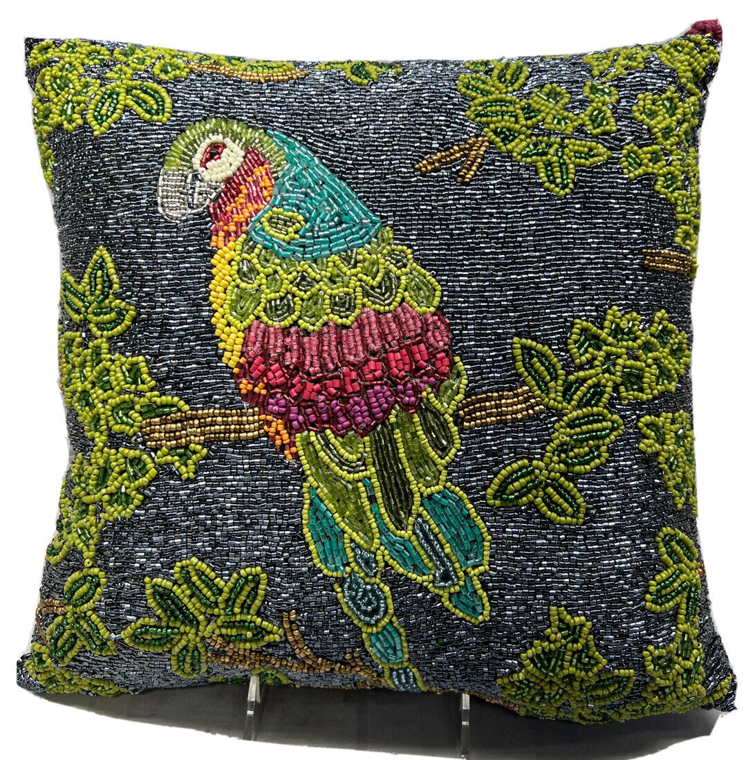 Parrot Beaded Pillow Green Blue Tropical Hacienda New NWT 14x14