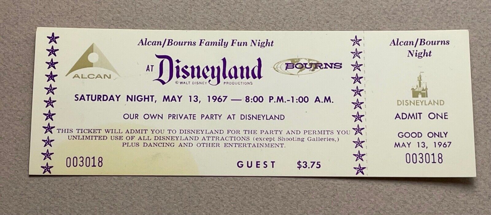 1967 DISNEYLAND Entrance Ticket to the Alcan/Bourns Night Party UNUSED vintage