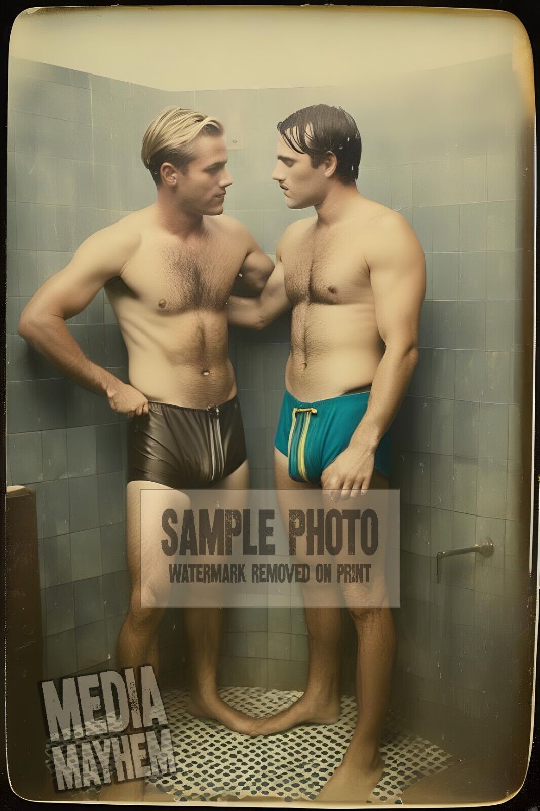 Two wet guys having intimate talk Bulge Print 4x6 Gay Interest Photo #620