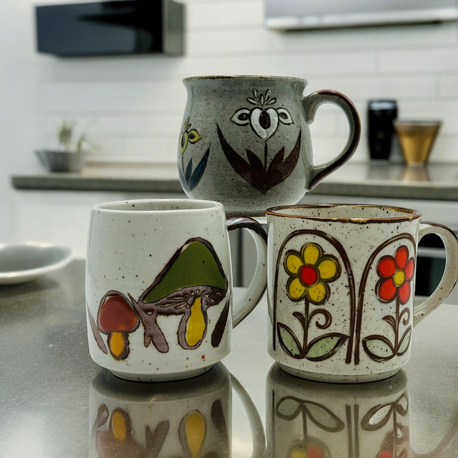 Lot of 3 70s Handmade Ceramic Floral Mushroom Coffee Cups Mugs Granny Cottage