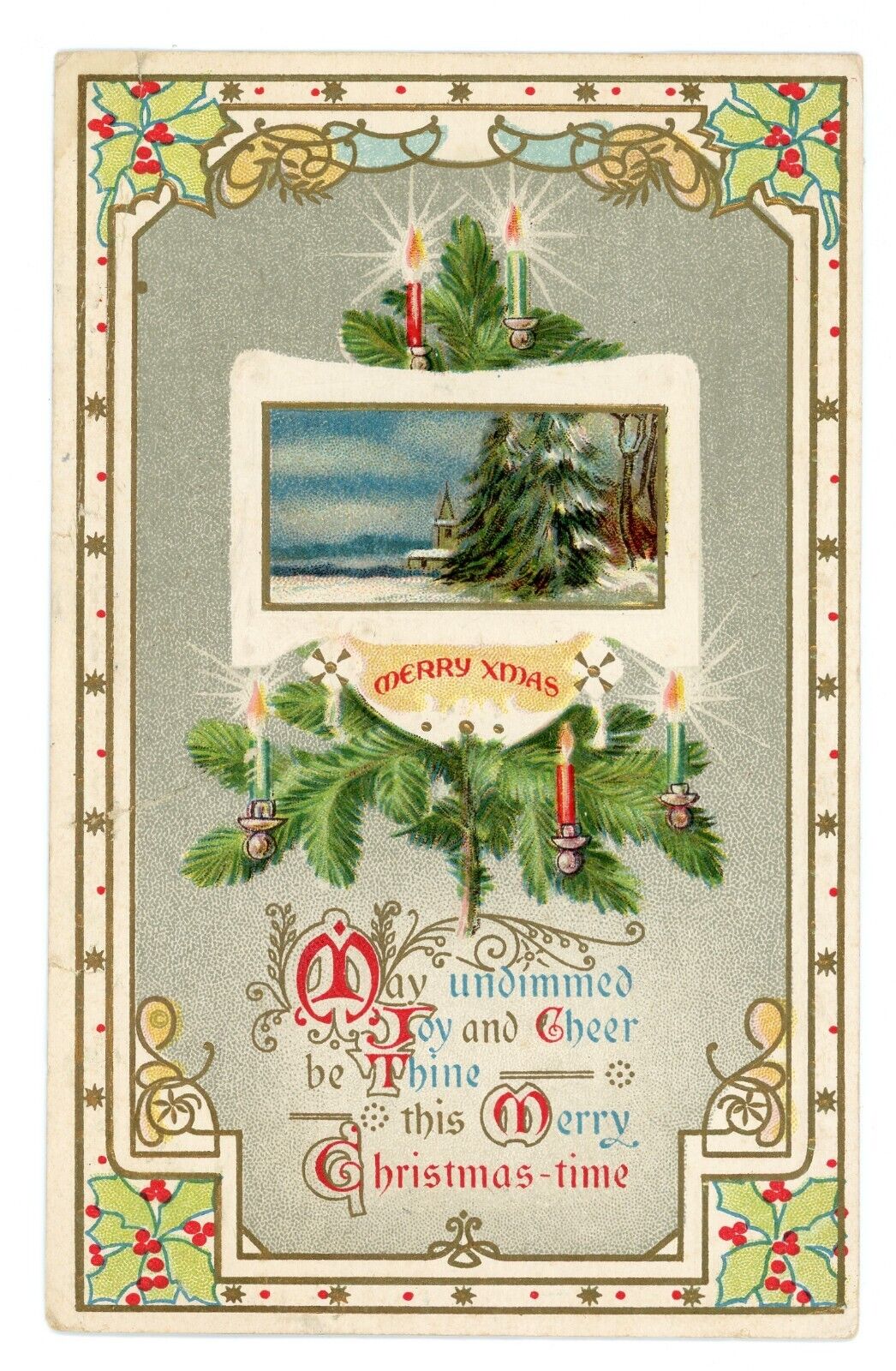 Antique Christmas Postcard Merry Christmas Time c1912 Embossed Merry Xmas Tree