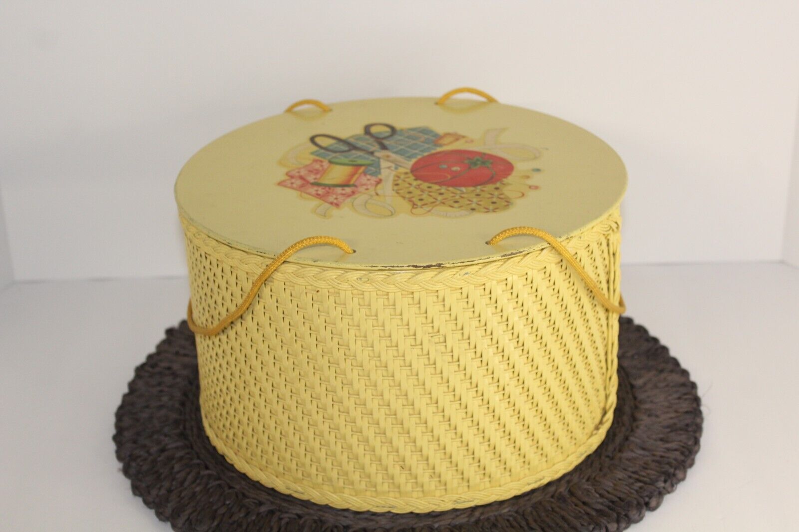 Vintage 1940s Princess Sewing Basket Round Wicker Clean with Decals Yellow
