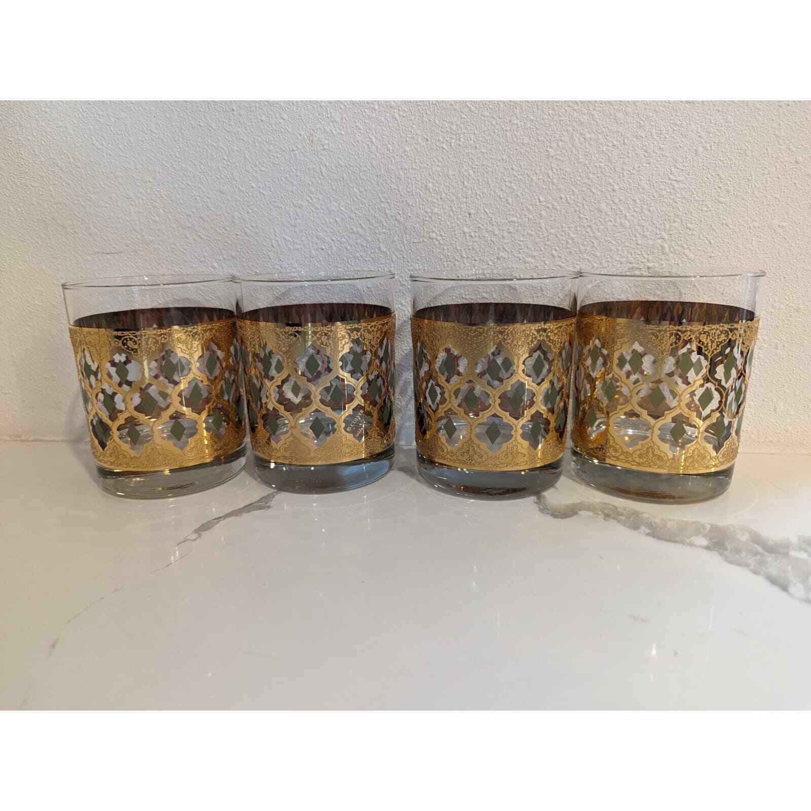 Vintage Set of 4 Valencia Culver Green Diamond Lowball Glasses Gold Encrusted
