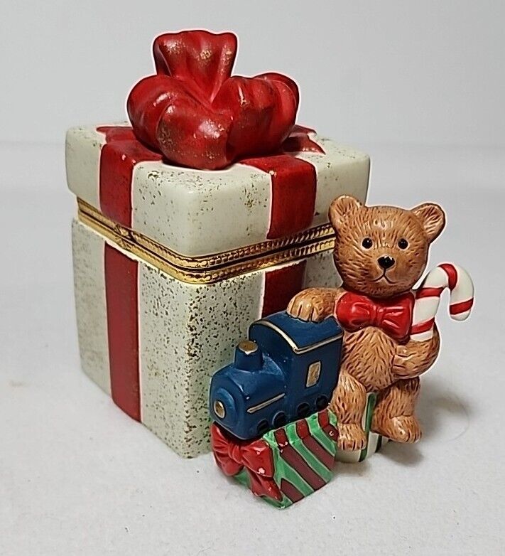 PartyLite Teddy Bear Hinged Gift Trinket Box Porcelain Christmas Collectible 