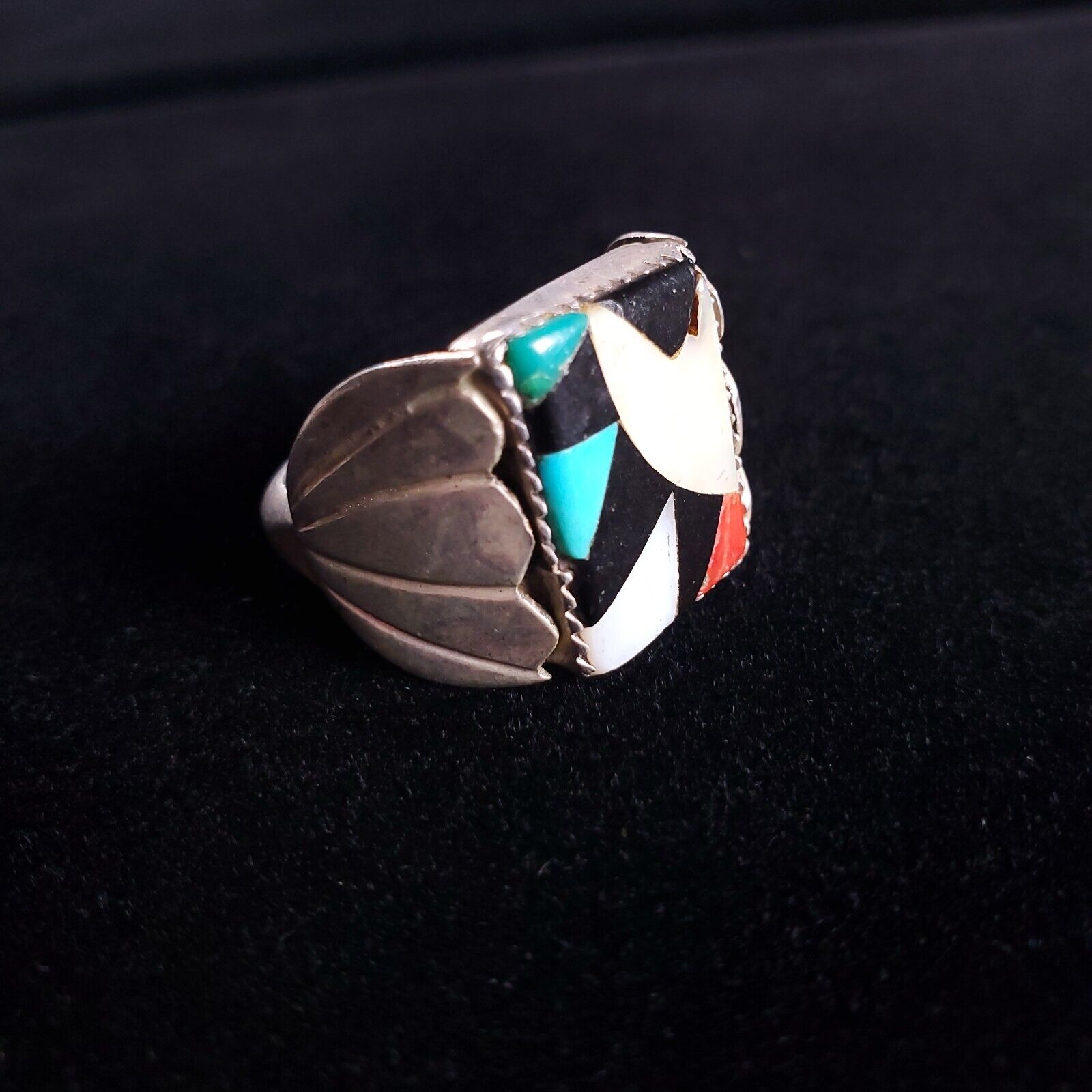 Native American inlay ring turquoise coral mother of pearl onyx signed size 10