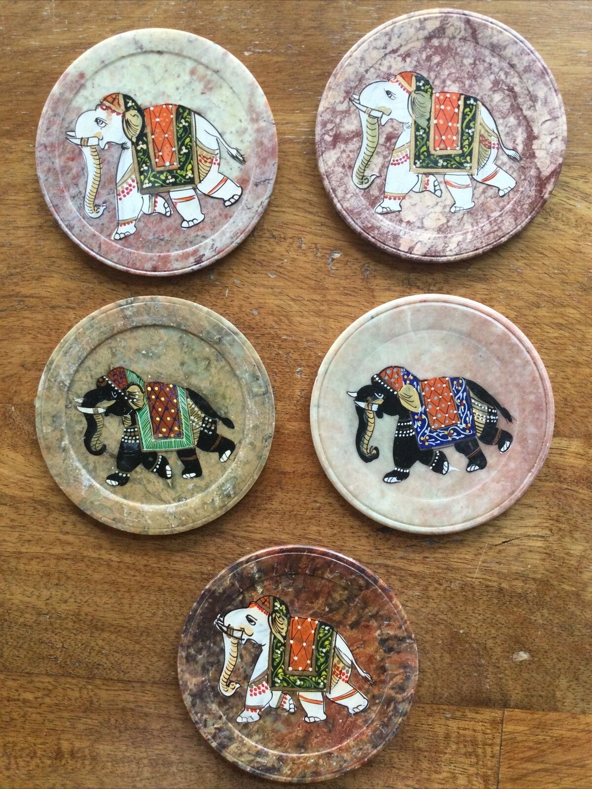 Set Of 5 Elephant Soap Stone Coasters~ India Hand Painted