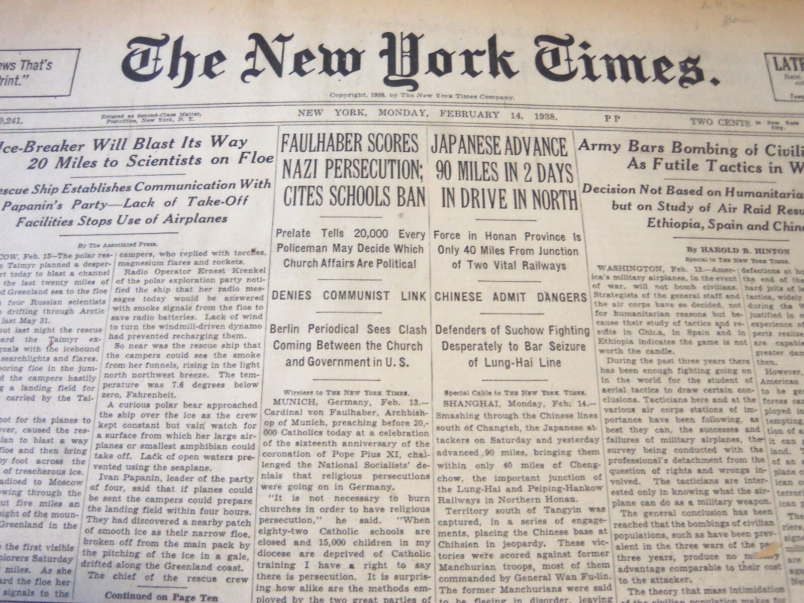 1938 FEBRUARY 14 NEW YORK TIMES - CARDINAL FAULHABER SCORES PERSECUTION- NT 6252