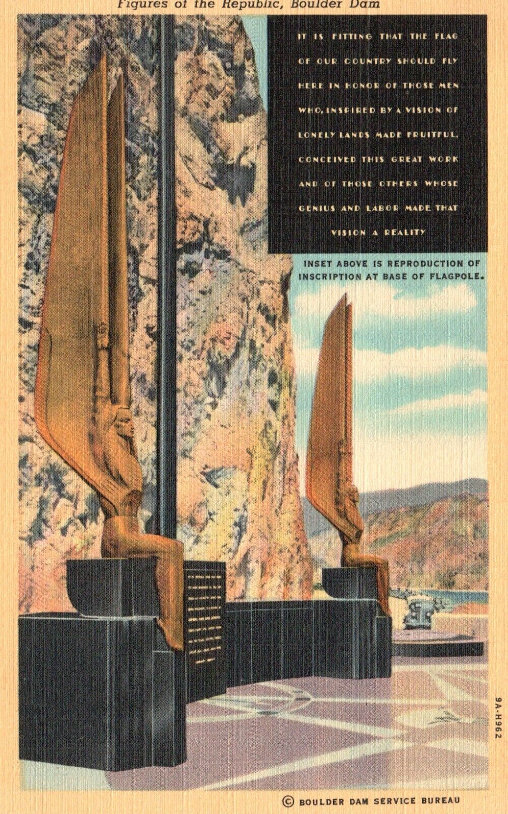 Postcard NV Boulder Dam Nevada Figures of the Republic Linen Vintage PC G9370