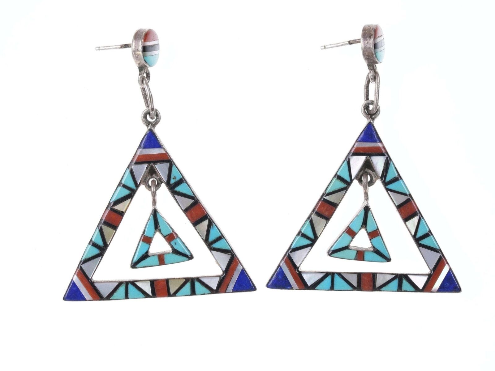 Vintage Zuni sterling Intarsia Inlay Chandelier earrings