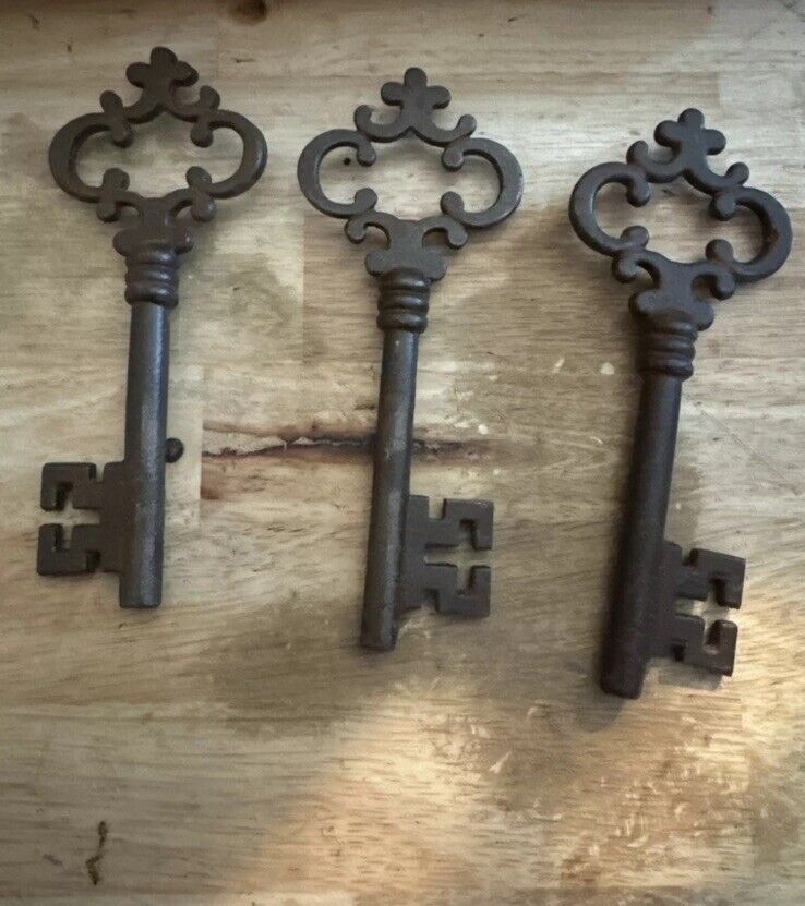 Victorian Master Door Cast Iron Skeleton Keys HUGE Cathedral Patina Collector x3