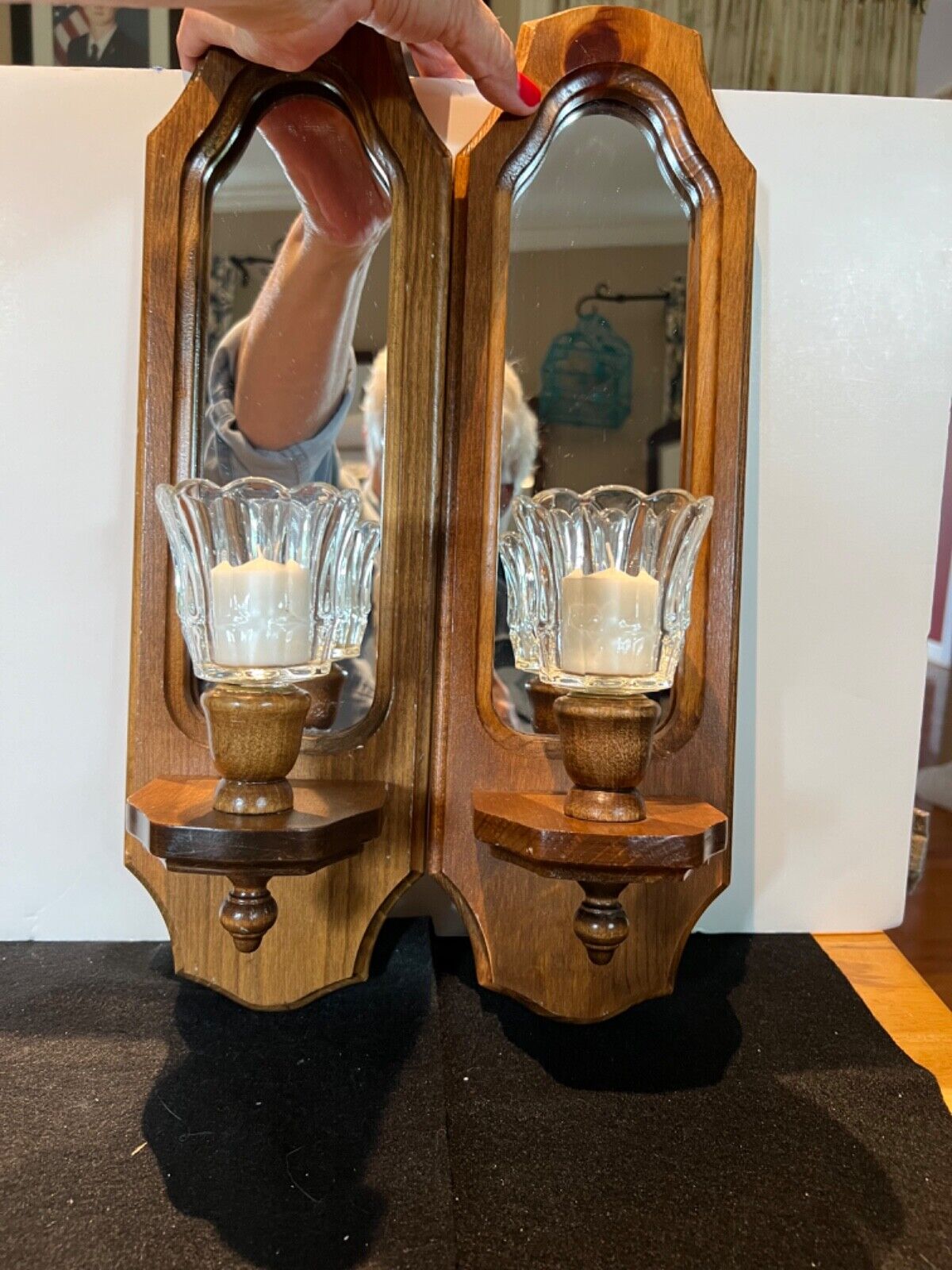 Vntg Pair of Wood Candle Holder Wall Sconces with Inset Mirror and glass votive