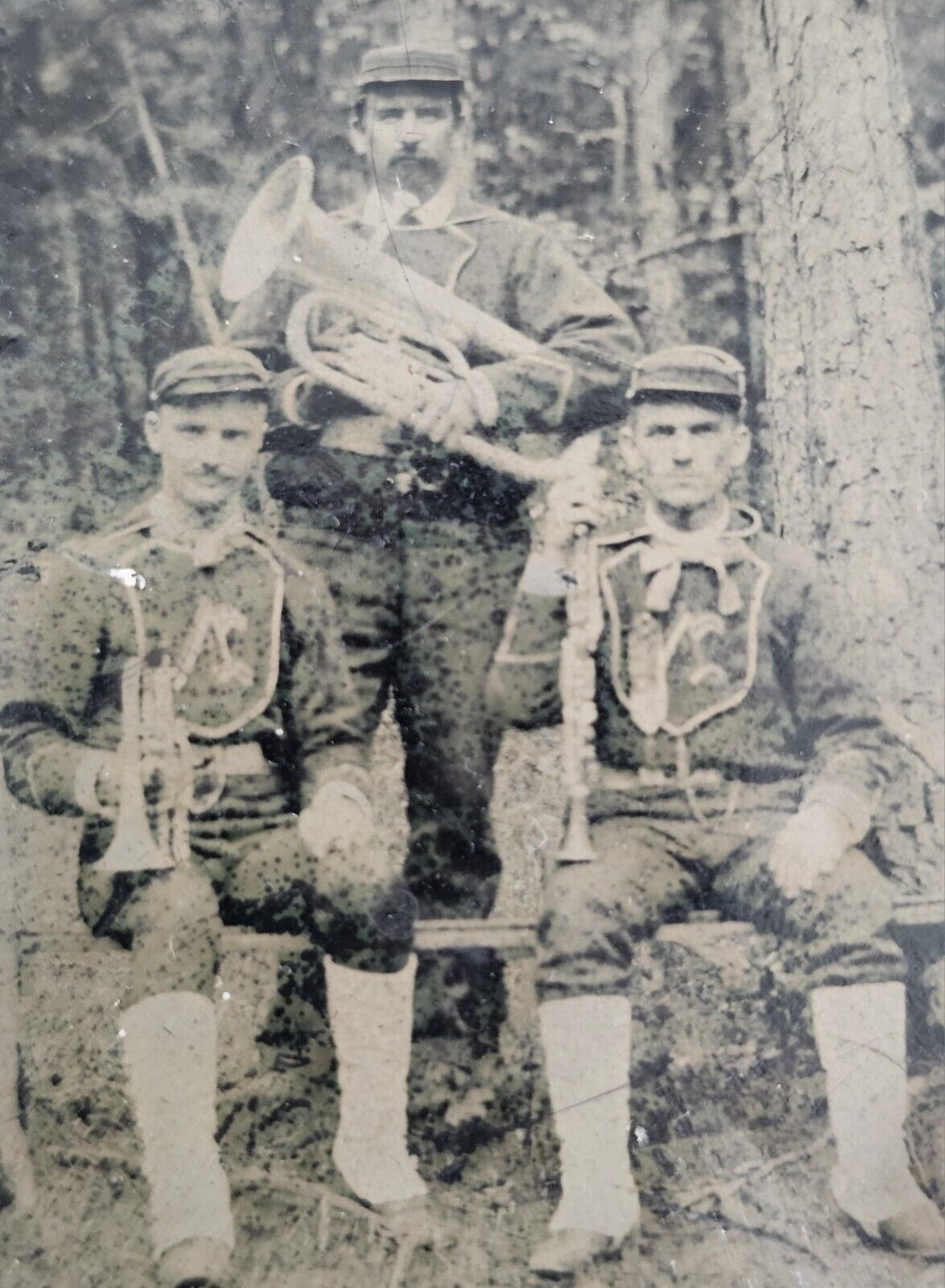 Three Uniformed Musicians Tuba Trumpet Clarinet Sixth Plate Tintype Photo
