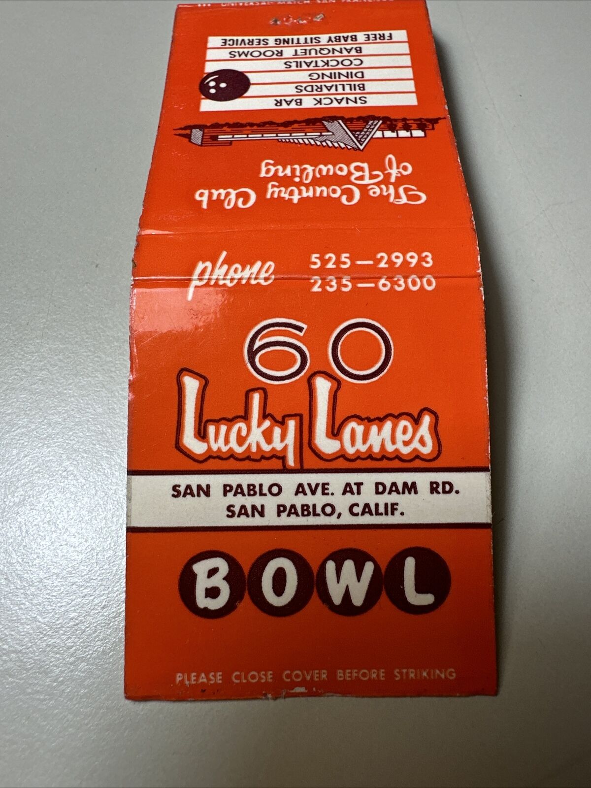 VTG 1960s Lucky Lanes Bowling Matchbook Cover San Pablo California Mid-Century