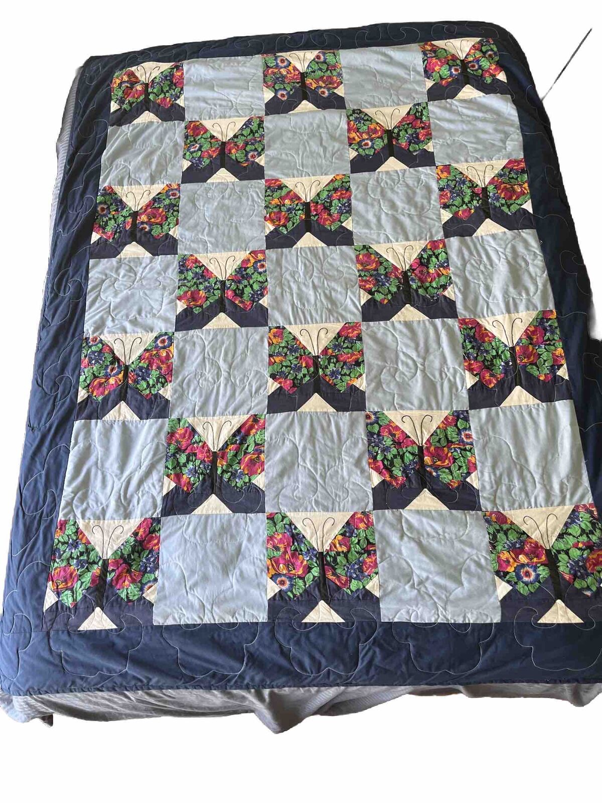 Handmade Butterfly Quilt Colorful Flowers Queen Full Twin 58” By 80”