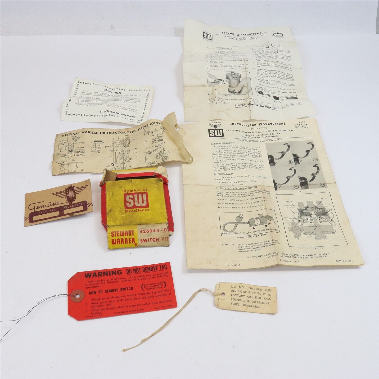 VINTAGE STEWART PRODUCT PAERS BOX TAGS TACHOMETER INSTRUCTIONS COLLECTIBLES