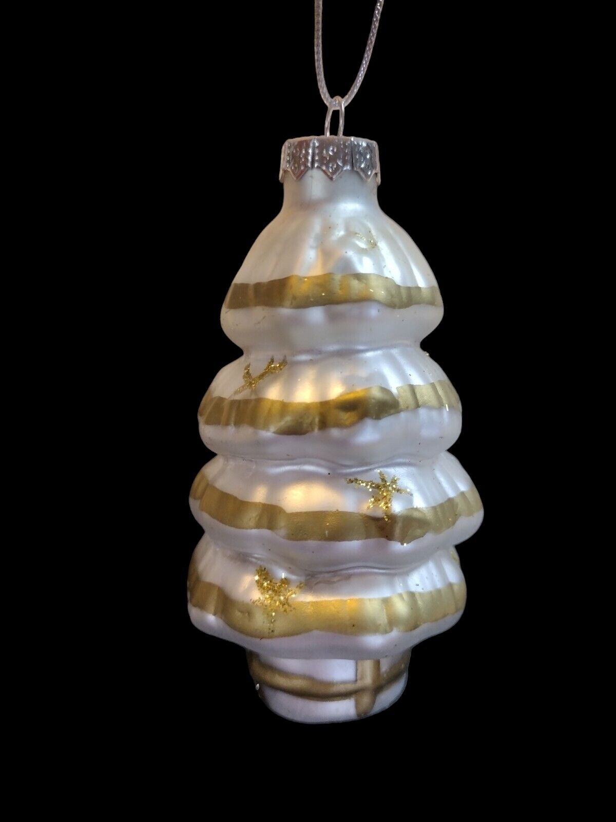 Vintage Blown Glass Ornament White Gold Glitter Christmas Tree 