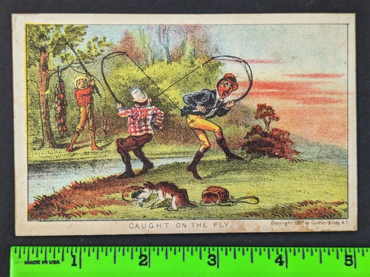 Vintage 1879 Currier & Ives Caught on the Fly Fishing Men Dog Trade Card