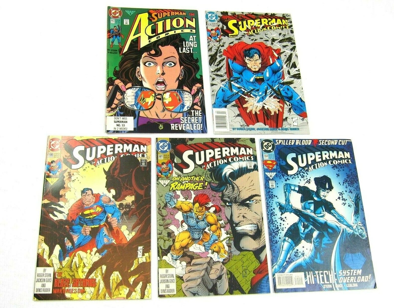 Lot 5 Vintage 1991-1993 Superman in Action Comic Books 662, 676, 680, 681, 694