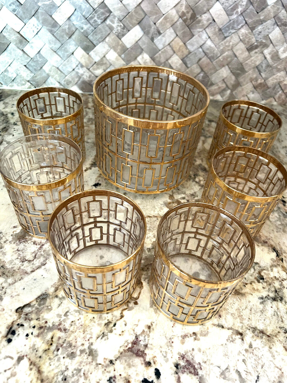 Vintage Imperial Glass Co Shoji Trellis 22K Gold 6 Rocks Glasses + Ice Bucket
