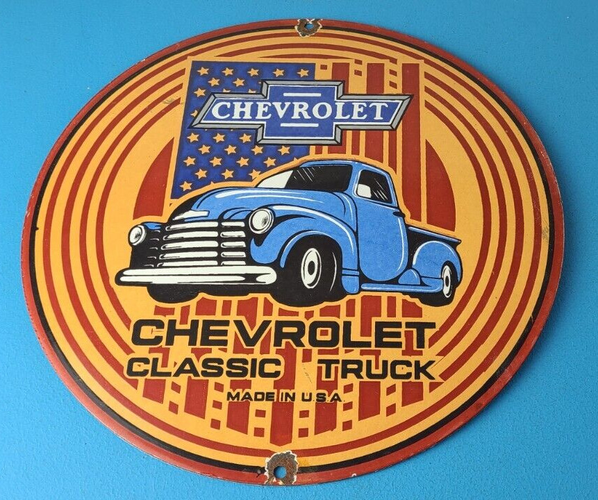 Vintage Chevrolet Trucks Sign - Porcelain Bow-Tie Classic Pickup Gas Pump Sign