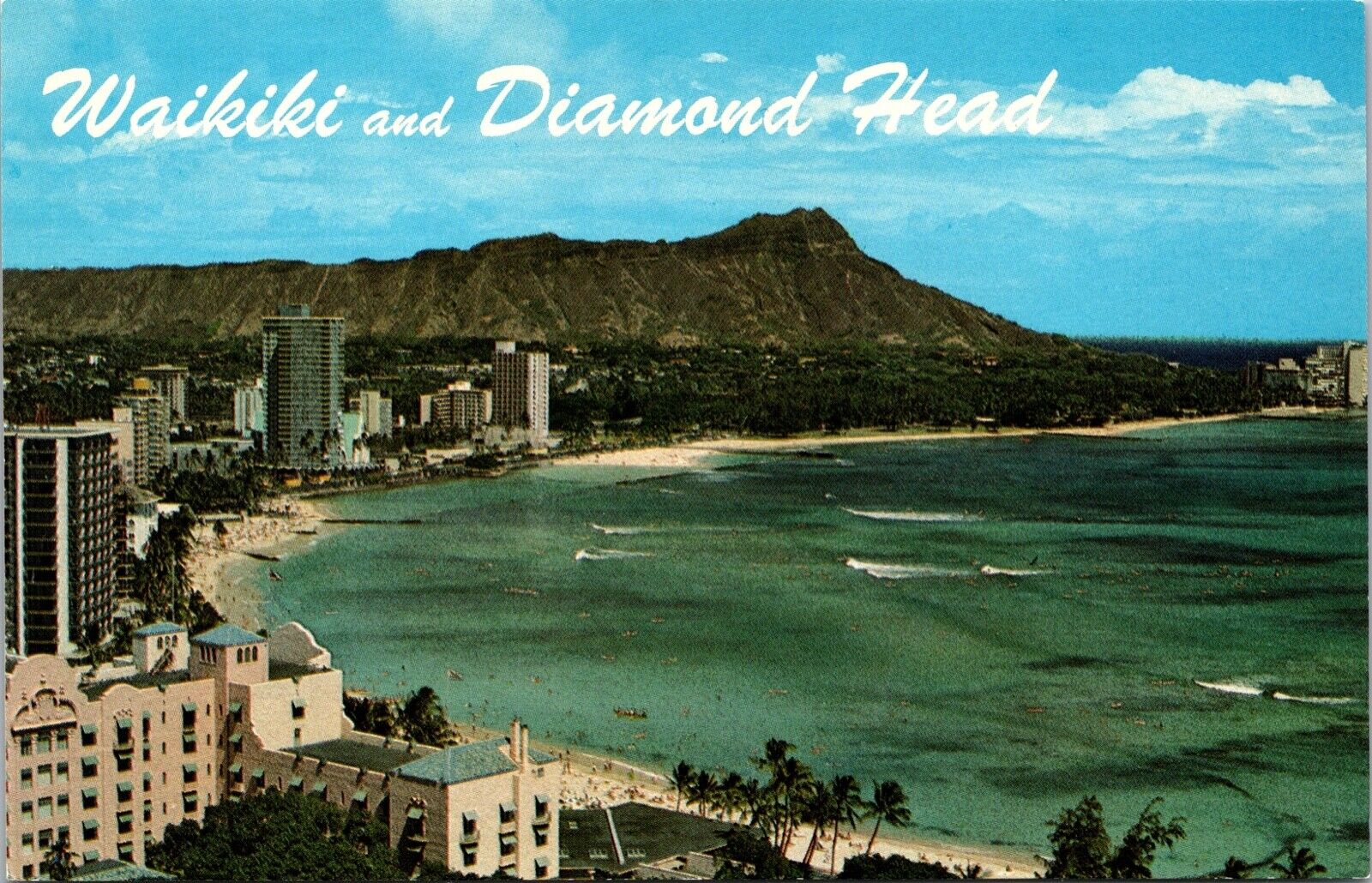 Waikiki Beach Diamond Head Hotels Beach Panoramic Hawaii Chrome Postcard     5W