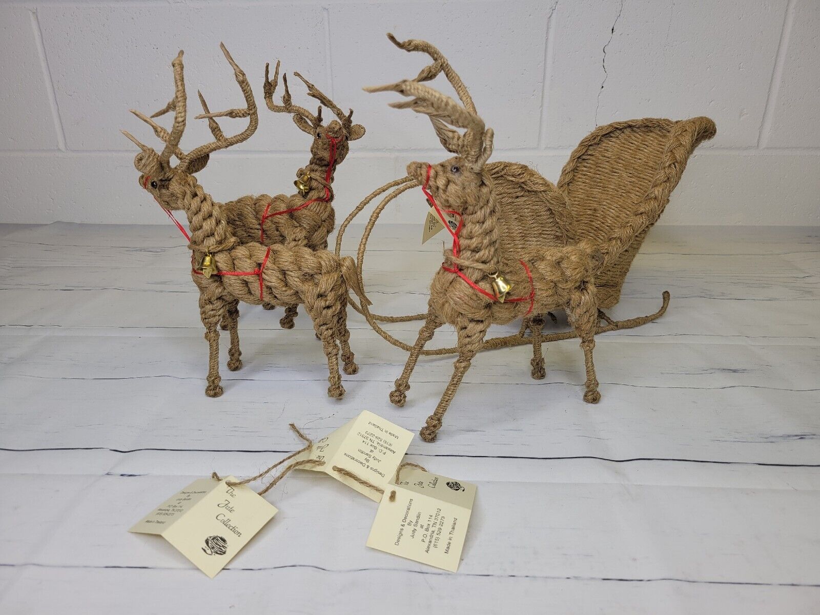 Vintage Jute Collection Christmas Sled & Deers with Red Ribbon Made in Thailand 