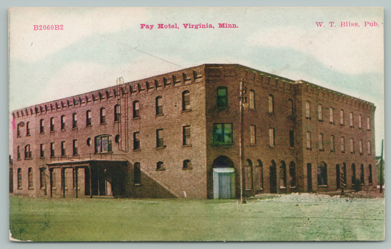 Virginia Minnesota~Fay Hotel~Front Entrance~WT Bliss Photo~c1910 Postcard