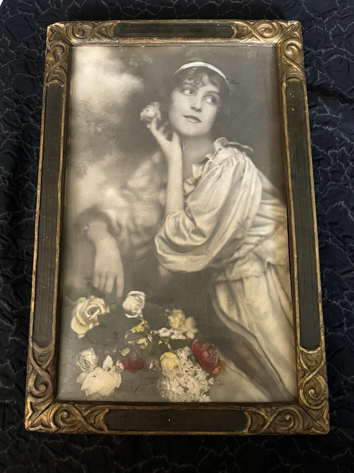 Antique Art Deco Glamour Colorized Photo in Wood Gesso Frame 8”x 12” no Glass