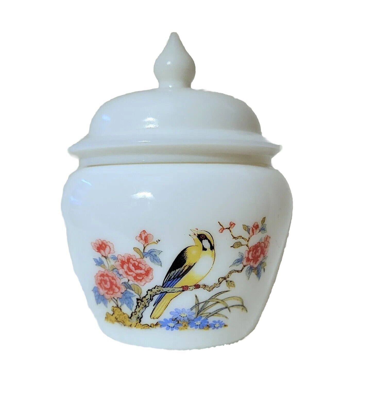 Vintage Avon Milk Glass Ginger Jar  Bird Goldfinch Floral Oriental W/ Lid *Read