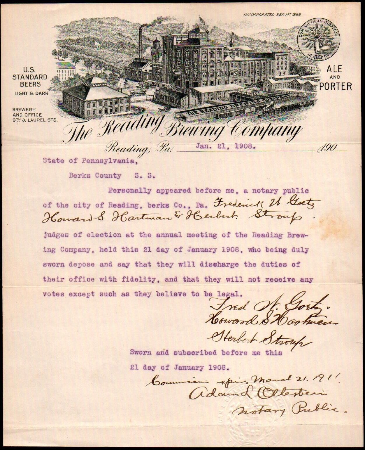 1908 Pennsylvania - Reading Brewery Co - Rare Letter Head Bill