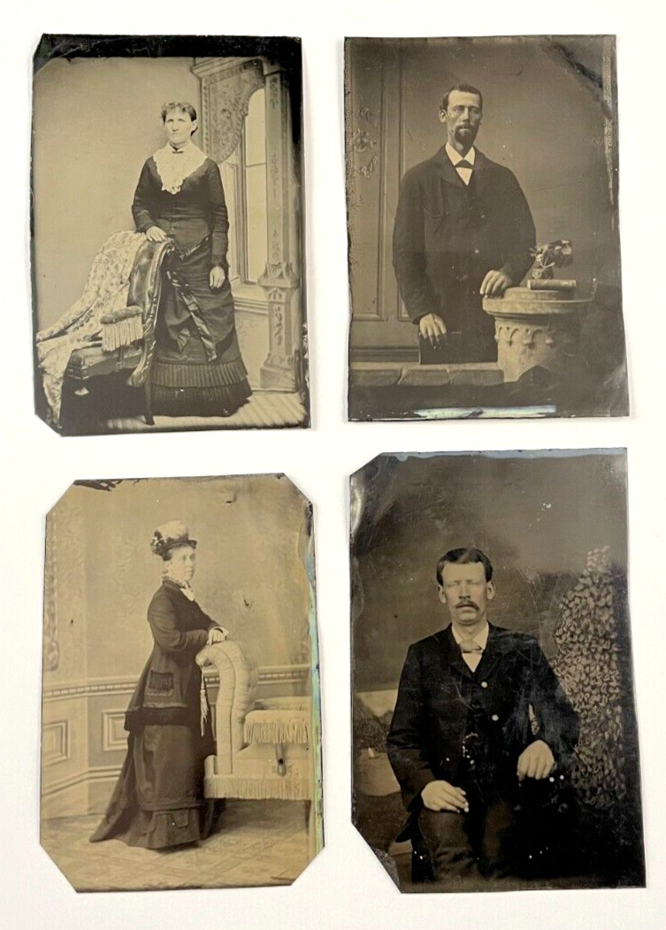 4-PC LOT ANTIQUE TINTYPE PHOTOS WELL-DRESSED LADIES & GENTLEMEN 1890-1900s GOOD