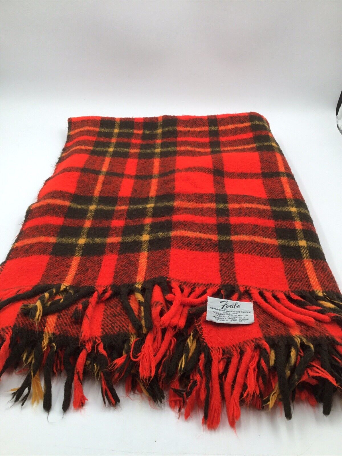 Vintage Faribo Wool Plaid With Fringe Throw Blanket Approximately- 60”x 50”