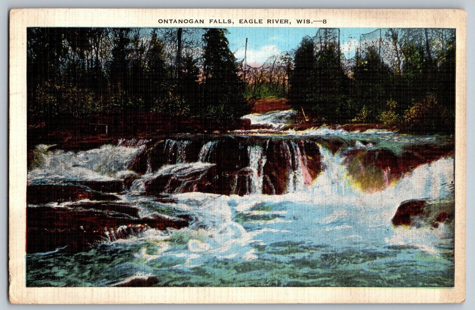 Eagle River, Wisconsin - Scenic View of Ontanogan Falls - Vintage Postcard