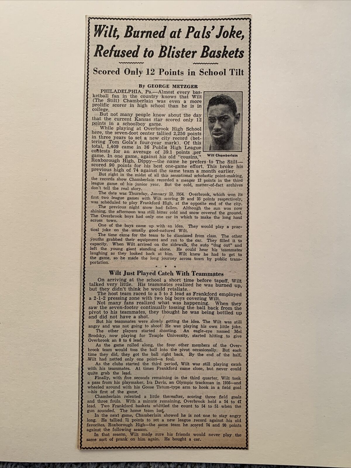 Wilt Chamberlain Overbrook High School 1958 Sporting News Baseball 4X10 Panel