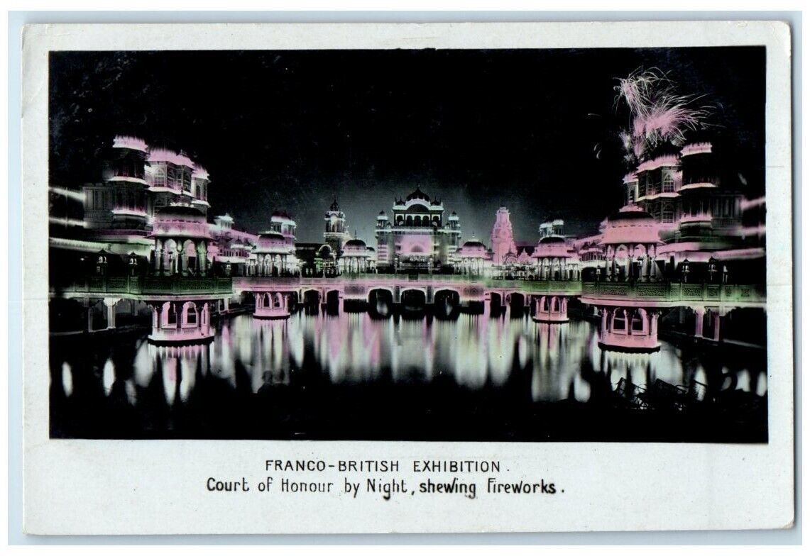 1908 Franco-British Expo Court Of Honour Fireworks London RPPC Photo Postcard