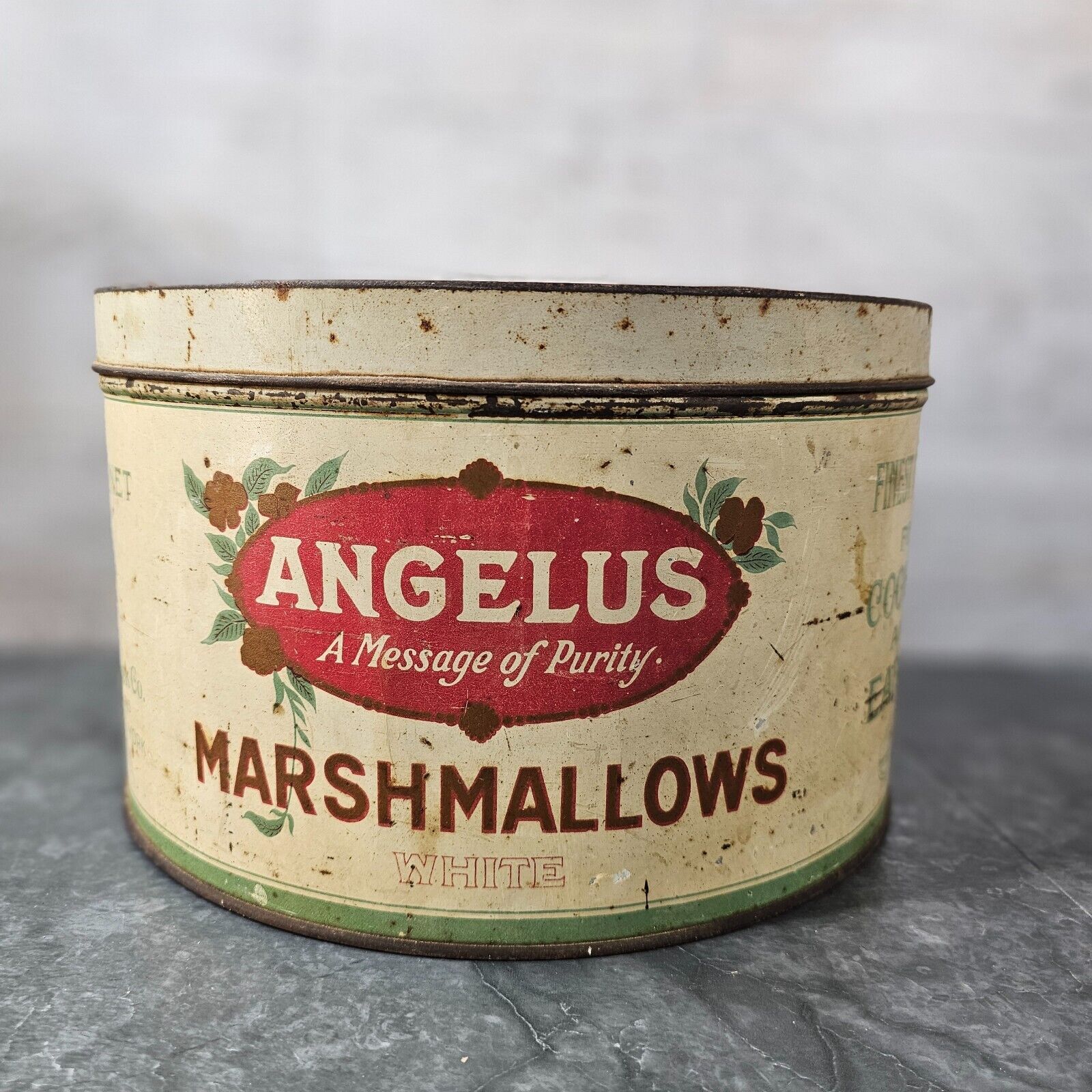 Vintage Angelus Marshmallows Old Antique Advertising Marshmallow 5LBS Tin Can