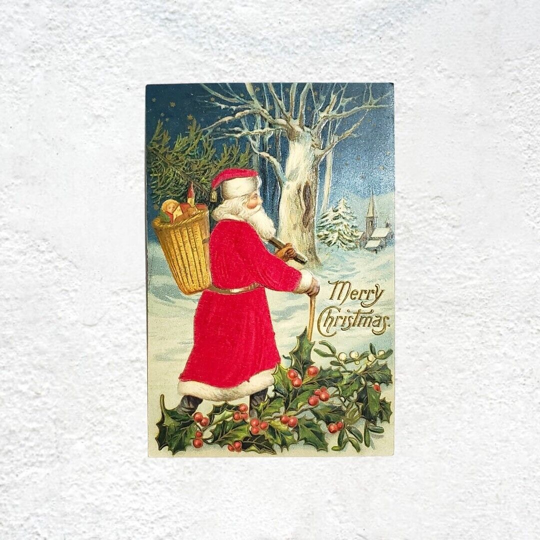 Merry Christmas Old World Santa Toy Basket Silk Robe Embossed 1911 Postcard
