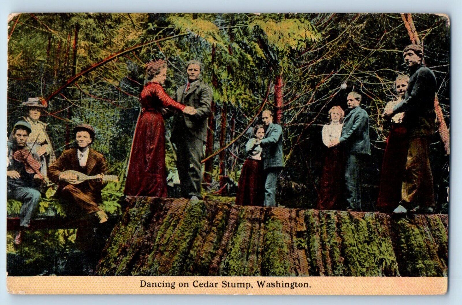 Couples Postcard Dancing On Cedar Stump Washington WA c1910\'s Unposted Antique