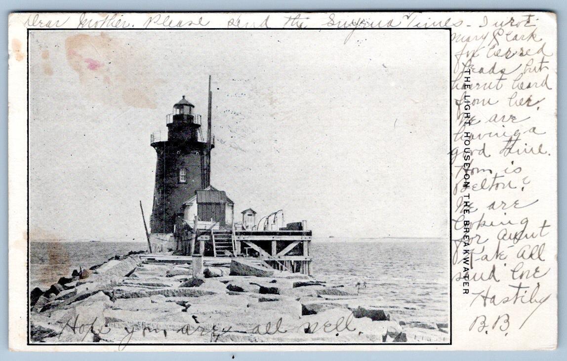 1906 REHOBOTH BEACH DEL BREAKWATER LIGHTHOUSE HORN'S PAVILION SOUVENIR POSTCARD